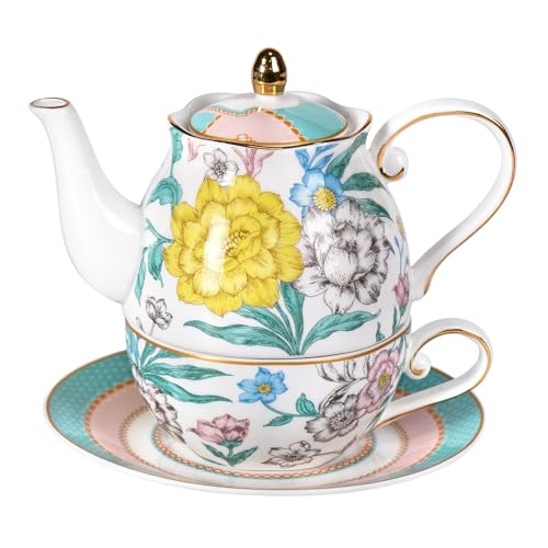 KAMMAK Tea for One Set, Ceramic Teapot, Bone China Tea Set, Cup and Saucer | Colorful, Porcelain Stackable Tea Pot Set with Golden Trim for Coffee and Cappuccino, Ideal for Afternoon Tea and Gifts, GH06 - color: Green-GH6