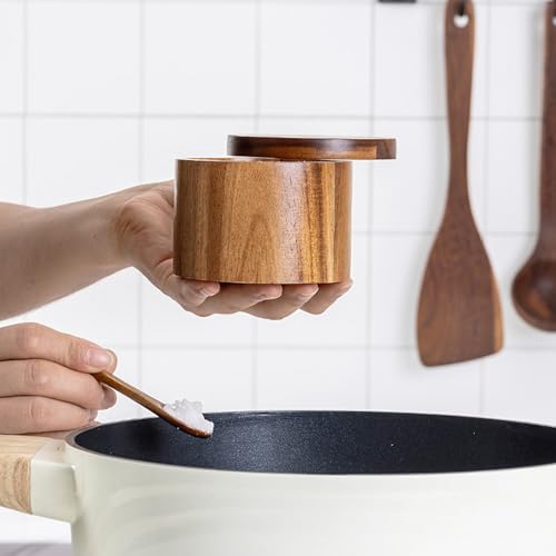 Salt Container with Spoon 2 Compartment 3.5x2.8 Inch Wooden Cellar with Magnetic Swivel Lid Spice Box for Kitchen, Salt Box