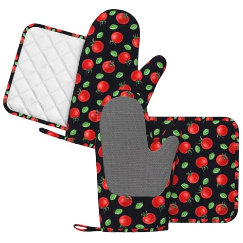 Cherry Tomatoes and Leaves Oven Mitts and Pot Holders Sets Silicone Kitchen Oven Mitts Hot Pads Heat Resistant Potholders Kitchen Mitts Set for Baking BBQ Cooking - color: Red Black