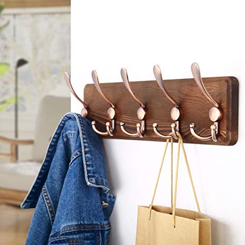 SKOLOO Rustic Pine Wood Wall Coat Rack with 5 Triple Hooks, 16" Stud Spacing, Farmhouse Wall Mounted Coat Rack for Hanging Backpack, Jacket, Hat - color: Brown Plate & Antique Hook, size: 1 Item-5 Hooks