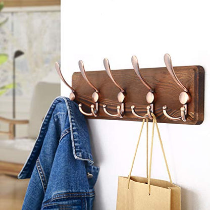 SKOLOO Rustic Pine Wood Wall Coat Rack with 5 Triple Hooks, 16" Stud Spacing, Farmhouse Wall Mounted Coat Rack for Hanging Backpack, Jacket, Hat - color: Brown Plate & Antique Hook, size: 1 Item-5 Hooks