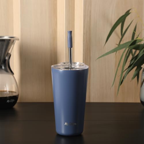 Mr. Coffee Java Quest 16 oz Double Wall Stainless Steel Tumbler with Lid & Reusable Straw, Insulated Thermal Drink Cup for Hot & Cold Beverages, Blue - color: Blue