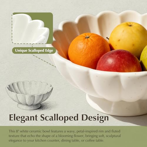 8-Inch Medium Fluted Ceramic Decorative Bowl,Cream White Speckled Fruit Bowl for Kitchen Counter,Key Bowl for Entryway Table,Handcrafted Pedestal Bowl for Coffee Table, Dining Room Centerpiece Bowl ﻿