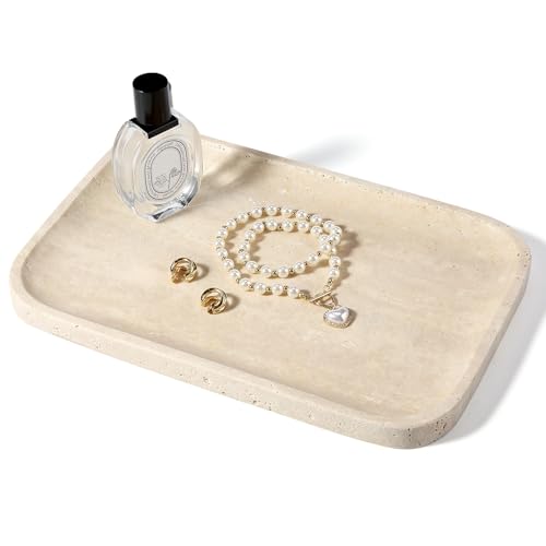 Romano Travertine Tray, 12"x8" Natural Stone Vanity Tray for Countertop Bathroom Kitchen Dresser, Decorative Marble Catchall Trays for Perfume Jewelry, Rectangular Serving Tray(Beige) - color: Travertino Romano