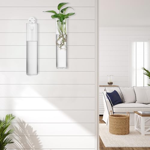 CALLARON Cylinder Glass Wall Vase Set for Hydroponic Plant Propagation, Wall-Mounted Flower Tube Vase Holder, 2pcs Hanging Indoor Terrariums for Home and Office Décor