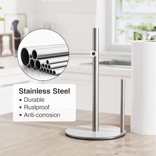 Paper Towel Holder Silver Stainless Steel Kitchen Countertop Roll Organizer | Standing Paper Towel Holders Roll Dispenser Simple Silver Weighted Base - color: Silver