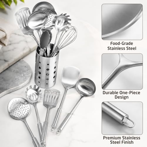 Pleafind Cooking Utensils Set - 9 PCS Stainless Steel Kitchen Utensils Set with Utensil Holder, Heat Resistant Wok Utensils Set, Kitchen Tools Set with Spatula, Ladle, Slotted Spoon, Dishwasher Safe - color: 9P-Silver