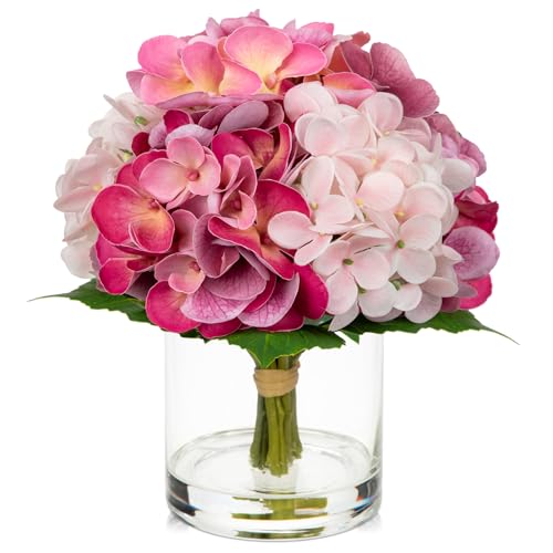 Hollyone Real Touch Pink Hydrangea Artificial Flowers in Vase Latex Small Faux Hydrangea Flowers Arrangements Hydrangeas Fake Flower with Glass Vase with Faux Water for Table Centerpiece Home Decor - color: Small - Pink