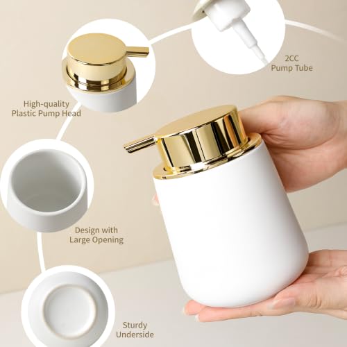 Bosilunlife 12Oz Ceramic Foam Soap Dispenser for Bathroom Kitchen Counter | Premium countertop foam pump creates delicate dense foam, stable desktop placement, Matte White with Gold - color: White&gold