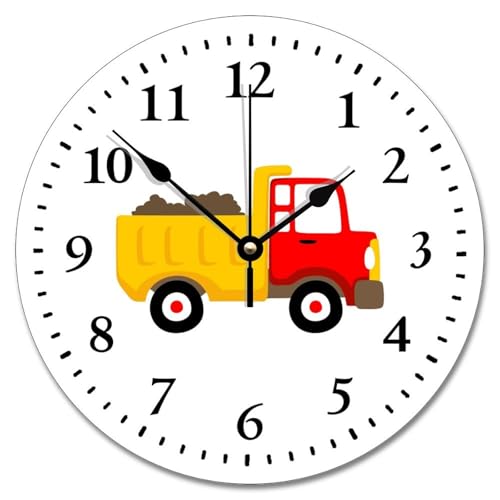 Vehicle Boys Room Nursery 12 Inch Wooden Wall Clocks Battery Operated Cartoon Dump Truck Wall Clock Silent Easy to Read Vintage Home Decor for Home Kitchen Office School Bathroom - color: Style-2, size: 12x12 in