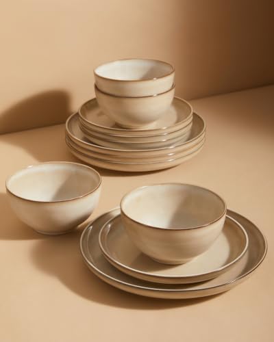 Stoneware Dinnerware Sets Service for 4, 12 pcs Reactive Glaze Plates and Bowls Sets, Handmade Ceramic Dish Set, Highly Chip and Crack Resistant Modern Plate Set, Mocha Beige - color: Mocha Beige, size: 12pcs (for 4)