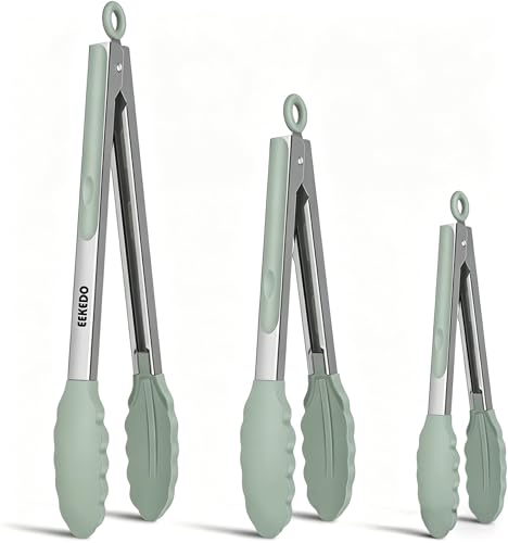 Silicone Tongs for Cooking Non-Stick Pans Grilling Air Fryer Salad | 600°F Heat-Resistant Kitchen Tongs with Silicone Tips, Dishwasher Safe, Non-Scratch, Locking Mechanism 7" 9" & 12" Sage Green - color: Light Green, size: 7 + 9 + 12 inches