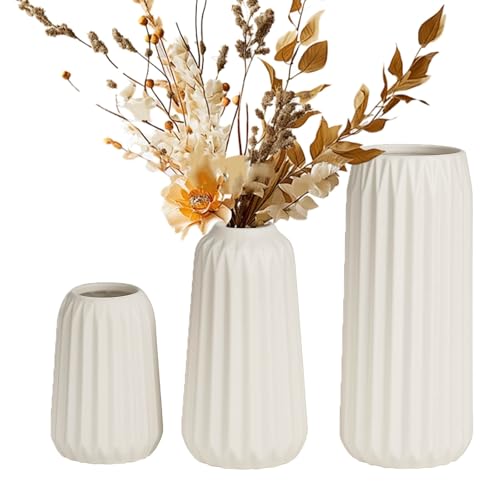White Ceramic Vases Set of 3 – Modern Ribbed Vase Centerpieces for Pampas Grass, Eucalyptus, Dried or Fresh Flowers, Minimalist Home Decor for Living Room, Bookshelf, Table & Office - color: White