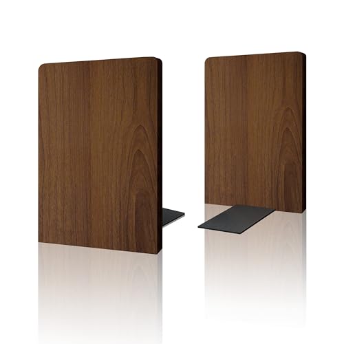 Brosisincorp Walnut Wood Large Book Ends for Shelves, Non-Skid Pad, 1 Pair | 6.69"Hx4.72"Wx3.94"L, Heavy Duty Wooden Bookend with Steel Base for Vinyl Records Office Home Decorative, Hand Polished Edges - color: 1 Pairs-square