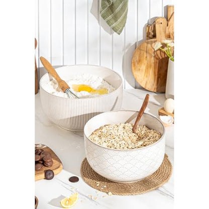 Mikiegy Ceramic Mixing Bowls Set of 2, Nesting Ceramic Embossment Stoneware Mixing Bowls for Cooking, Serving, Popcorn, Salad etc, Microwave & Dishwasher Safe, 98/145 oz, Off-White - size: 98&145 oz