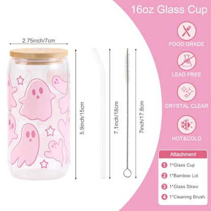 Halloween Ghost Gift for Women Pink Glass Cup with Lid and Straw | Fall Cute Ghost Iced Coffee Glass Tumbler Mug Goth Gifts for Halloween Party Girls Women Presents for Teens Stuff 16oz - style: Pink Ghost