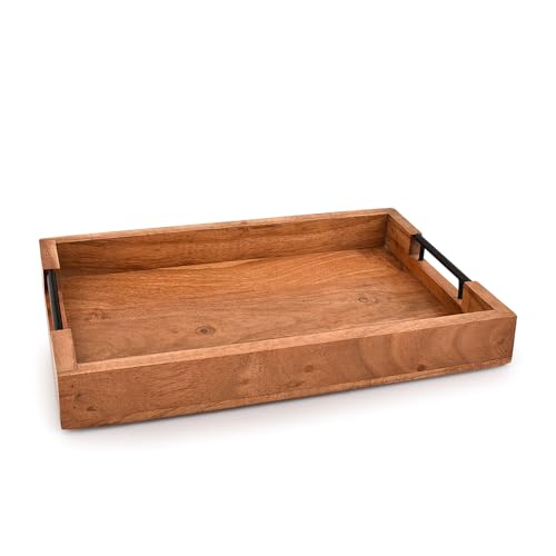 Tray with Metal Handles Acacia Wood Serving Tray Decorative Ottoman Coffee Table Tray for Living Room Kitchen Food Tray (15" X 10" X 1.6")