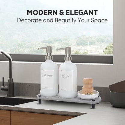 Kitchen Soap Dispenser Set with Instant Dry Tray,16 Oz Hand and Dish Soap White Glass Dispenser Set,Stainless Steel Pump,Waterproof Labels&Dish Brush,Luxury Soap Bottle for Kitchen,Bathroom - color: White Bottle+silver Pump