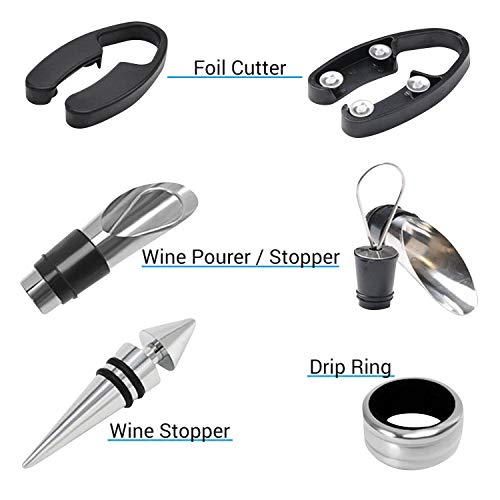 Wine Bottle Opener Set - 5 Piece Wine Opener Gift Set with Wine Stopper, Corkscrew Opener, Pourer Spout, Drip Ring, and Foil Cutter in Matte Wine Bottle Shaped Organizer Case - Black