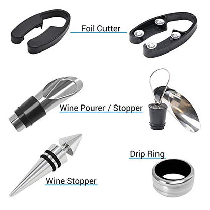 Wine Bottle Opener Set - 5 Piece Wine Opener Gift Set with Wine Stopper, Corkscrew Opener, Pourer Spout, Drip Ring, and Foil Cutter in Matte Wine Bottle Shaped Organizer Case - Black