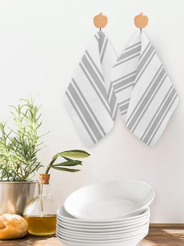 Grey Striped Dish Towels Set, Waffle Weave Kitchen Towels 2 Pieces, Farmhouse Aesthetic Modern Stripes Microfiber Hair Face Bath Tea Towel Absorbent Quick Drying Cleaning Dish Cloths, 12"x12" - color: Gray, White, Silver, size: 2PCS,12"x12"
