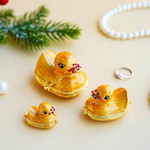 YU FENG Family Duck Trinket Box Hinged Jewelry Holder Animal Figurine Decor | Duck Family Design, Painted Enamel Finish, Jeweled Crystal Accents, Hidden Keepsake Storage, Collectible Animal Decor Gift