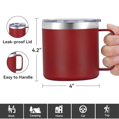 VEGOND 14 oz Insulated Coffee Mug with Handle, Stainless Steel Travel Coffee Mug with Lid, Double Wall Vacuum Metal Coffee Cup, Coffee Tumbler Powder Coated, Red 1 Pack - color: Red, size: 14 Ounces