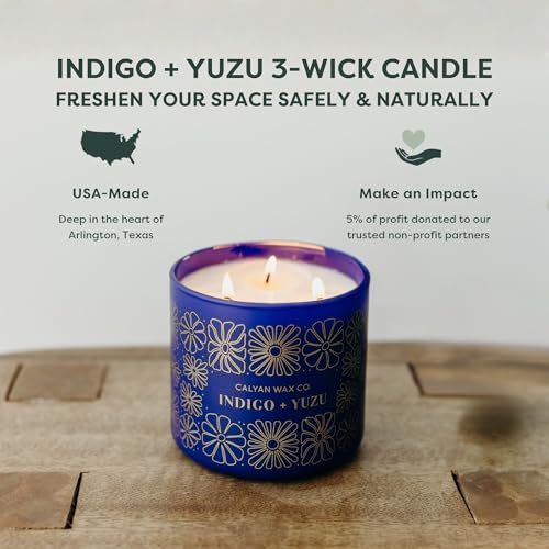 Indigo & Yuzu 3 Wick Scented Candle - 43 Hour Burn | Made in the USA Luxury Clean Soy Wax Candles - Long Lasting Large Glass Jar Candle for Home - 3 Wicks - 14.9oz - color: Indigo + Yuzu