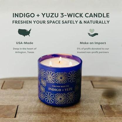 Indigo & Yuzu 3 Wick Scented Candle - 43 Hour Burn | Made in the USA Luxury Clean Soy Wax Candles - Long Lasting Large Glass Jar Candle for Home - 3 Wicks - 14.9oz - color: Indigo + Yuzu