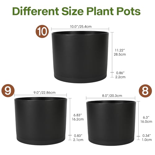 3 Pack Cylinder Planter Set 10/9/8 Inch White Indoor Plant Pots | Modern flower pots with drainage holes and saucers. For outdoor garden, succulent, nursery, and house plants. - color: Black
