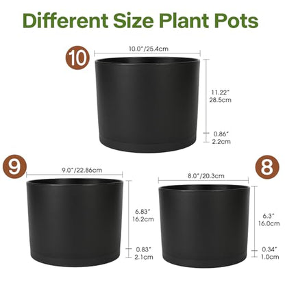 3 Pack Cylinder Planter Set 10/9/8 Inch White Indoor Plant Pots | Modern flower pots with drainage holes and saucers. For outdoor garden, succulent, nursery, and house plants. - color: Black