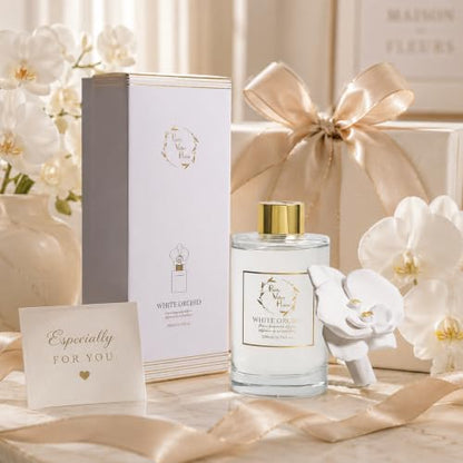 Reed Diffuser Set, White Orchid Ceramic Flower Frangrance Diffuser 6.76 fl. oz / 200ML, Home Reed Diffuser for Bathroom Office Bathroom Living Room Decor