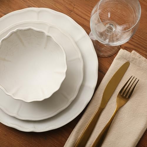 Gibson Elite Vista Rossio - Made In Portugal - 12 Piece Dinnerware Set for 4, White Ceramic Plates and Bowls Sets, Stoneware Dishware Set with Scalloped Edge, Dinner Plates Salad Plates & Cereal Bowls - color: White (Vista Rossio Dinnerware)