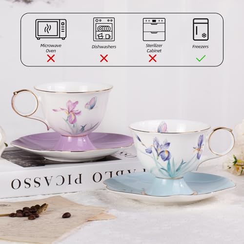 KAMMAK Ceramic Coffee Cups Saucers Set of 2, Porcelain Espresso Cups with Saucers, 8.45 oz Handcrafted Elegant Bone China Tea Cups, Iris Flower & Butterfly Pattern Teacup for Party, Office, Gift - color: Flying Summer Kite (Light Blue + Pink)
