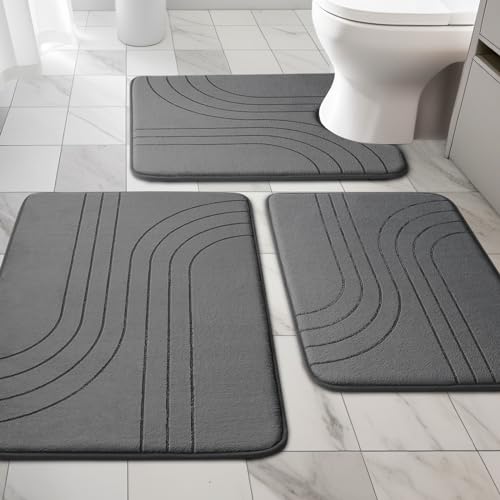 3 Piece Bathroom Rug Set, Soft Non Slip Bathroom Mat Sets 3 piece, Extra Thick Memory Foam Bath Mats for Bathroom, Machine Washable Bath Rug Set for Tub, Toilet and Floor (Dark Grey) - color: Dark Grey-2, size: 3 pieces