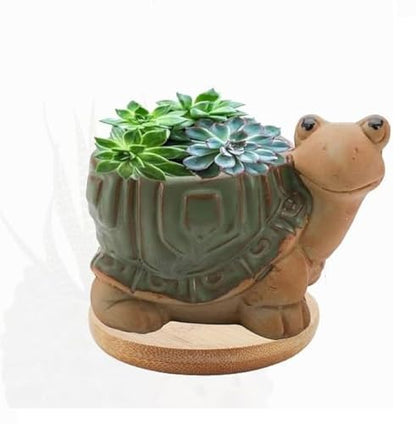Cute Animal Shaped Vase Pot Home Decoration for Small Succulent Plants Cartoon Flower Pot Ceramic Succulent Planter with Drainage Hole Succulent Holder (Tortoise) - size: Tortoise