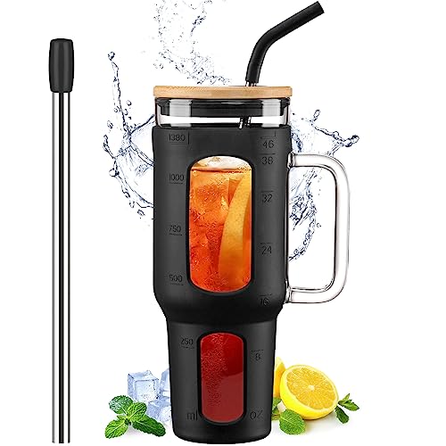 WINSA Glass Tumbler with Lid and Straw, 46 oz, Black | Iced Coffee Cup with Handle, Large Water Bottle with Silicone Sleeve, Pearl Straw & Drinking Straw, BPA Free - color: Black, size: 46 Ounces