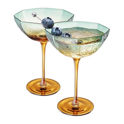 Gold and Teal Hammered Coupe Glasses, 2 Set, 6oz Stemmed Coupe Art Deco Vintage Glassware Wine Champagne Cocktails Margarita Muted Pastel Goblet Elegant Wedding Anniversary Celebration Gift Ideas - color: Martini