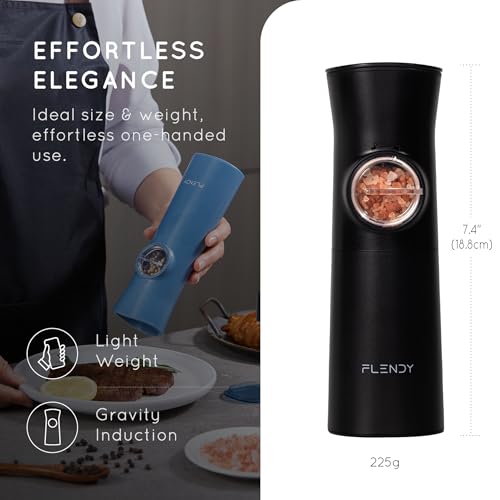 Flendy Gravity Electric Salt and Pepper Grinder Set with Charging Base | USB-C Charging Base, Gravity-Activated, Automatic, Rechargeable, Dust Cover, Large Capacity, Slim, Kitchen Housewarming Gift - color: Black
