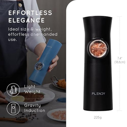 Flendy Gravity Electric Salt and Pepper Grinder Set with Charging Base | USB-C Charging Base, Gravity-Activated, Automatic, Rechargeable, Dust Cover, Large Capacity, Slim, Kitchen Housewarming Gift - color: Black