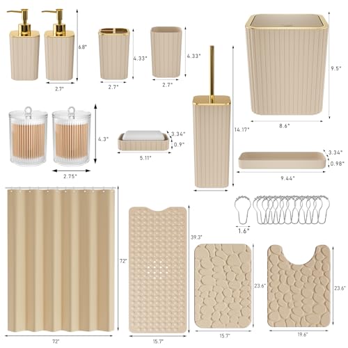 XLHOMO 26PC Bathroom Accessories Set - Gorgeous Beige Bathroom Set, Bathroom Accessory Set, Shower Curtain Set with Bathtub Mats for Shower Tub, Trash Can & Soap Dispenser - size: Bath Set+Bathtub Mat+Shower Curtain&Rugs, style: Beige&Gold