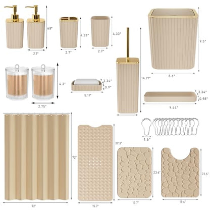 XLHOMO 26PC Bathroom Accessories Set - Gorgeous Beige Bathroom Set, Bathroom Accessory Set, Shower Curtain Set with Bathtub Mats for Shower Tub, Trash Can & Soap Dispenser - size: Bath Set+Bathtub Mat+Shower Curtain&Rugs, style: Beige&Gold