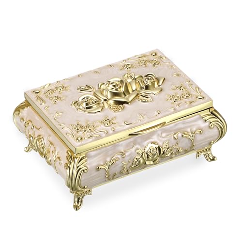 Hipiwe Small Vintage Jewelry Box Metal Trinket Keepsake Box Gift for Women | Rectangular Treasure Chest Organizer for Rings Earrings Display Storage Holder, Beige with Gold Rose Pattern - color: Gold, size: Small