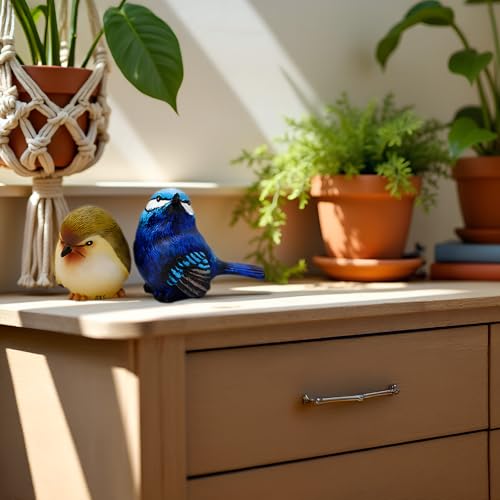 Resin Bird Figurines Set of 2, 2.4 Inch Grumpy Bird Decor | Hand-painted cobalt blue and olive-yellow birds, 2.6 oz each, with flat bases for stable indoor and outdoor display