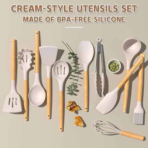 Umite Chef Kitchen Cooking Utensils Set, 33 pcs Non-Stick Silicone Cooking Kitchen Utensils Spatula Set with Holder, Wooden Handle Silicone Kitchen Gadgets Utensil Set (Khaki) - color: Khaki