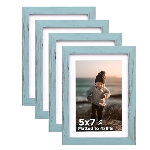 5x7 Picture Frame Turmaline Blue Set of 4, Wooden Photo Frames Matted 4x6 with Plexiglass for 4x6 with Mat or 5x7 without Mat for Table and Wall Display - color: Turmaline Blue, size: 5x7