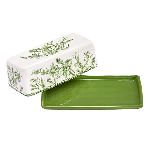 Bico Green Garden Toile De Jouy Ceramic Butter Dish with Lid, Wide Butter Keeper for Counter, Kitchen Countertop, Microwave and Dishwasher Safe - color: Green Garden Toile De Jouy
