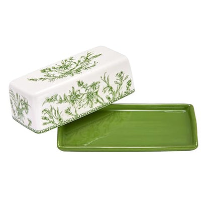 Bico Green Garden Toile De Jouy Ceramic Butter Dish with Lid, Wide Butter Keeper for Counter, Kitchen Countertop, Microwave and Dishwasher Safe - color: Green Garden Toile De Jouy