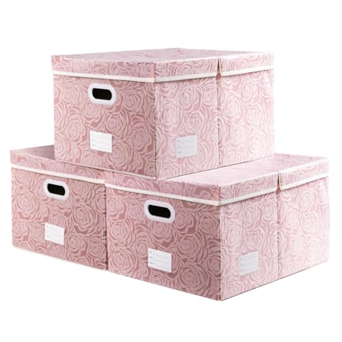 Jumbo Collapsible Storage Boxes with Lids Fabric Decorative Storage Bins Cubes Organizer Baskets with Cover Handles Divider for Bedroom Closet Living Room 23.2x15.7x11.8 Inch 3 Pack - color: Pink, size: XX Large(3-Pack)