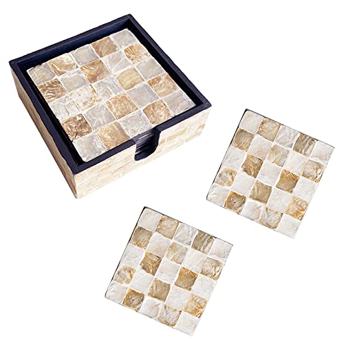 6 Pack Mother of Pearl Squre Coasters with Holder, Seashell Inlay Square Cup Holders with Organizer, Decorative Coasters Capiz Shell Trivet for Coffee Table, 5", I-lan (Mosaic) - color: Mosaic